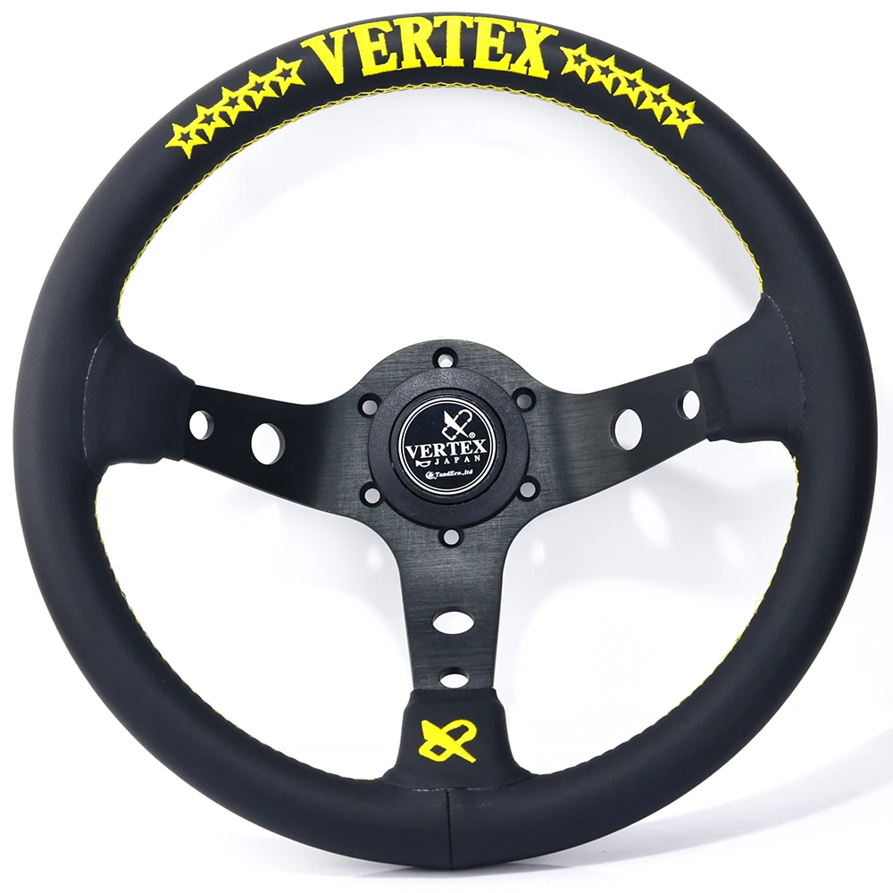 

С желтой вышивкой 13 дюймов Vertex черного цвета из натуральной кожи глубокое блюдо дрейф спортивный руль