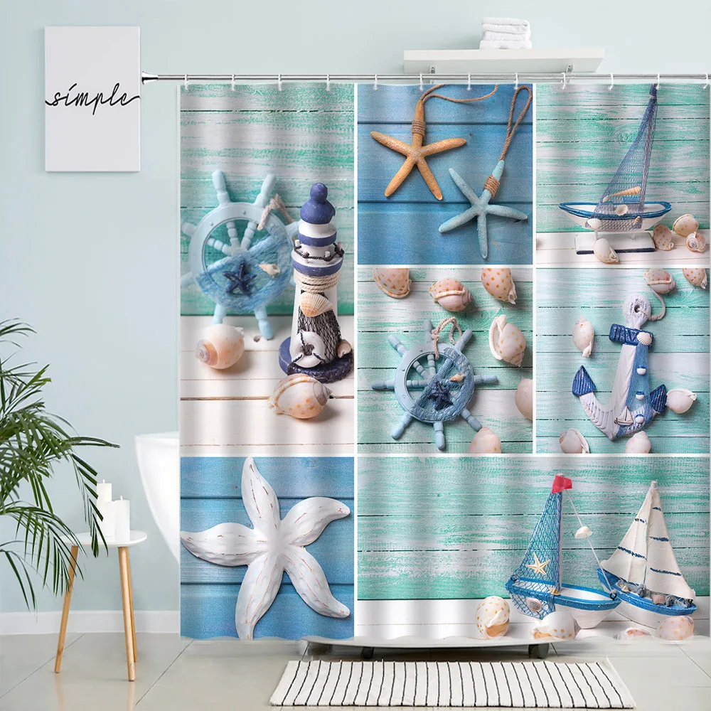 

Nautical Shower Curtains Starfish Conch Sailboat Anchor Marine Theme Splicing Pattern Fabric Print Bathroom Decor Curtain Hooks