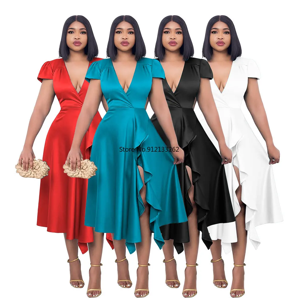 

Autumn Elegant African Women Short Sleeve V-neck Polyester Solid Color Dress African Dresses for Women