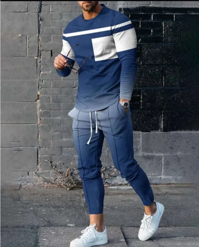 2023 New Men's T-shirt Pants Suit Fashion 3D Digital Print Street Popular Wear Take Long-sleeved Loose Sweatshirt Two-piece Set