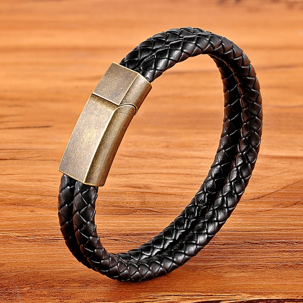 

TYO Classic Double Layers Braided Leather Men Bracelet Distress Design Stainless Steel Magnetic Clasp Bangles Personality Gift