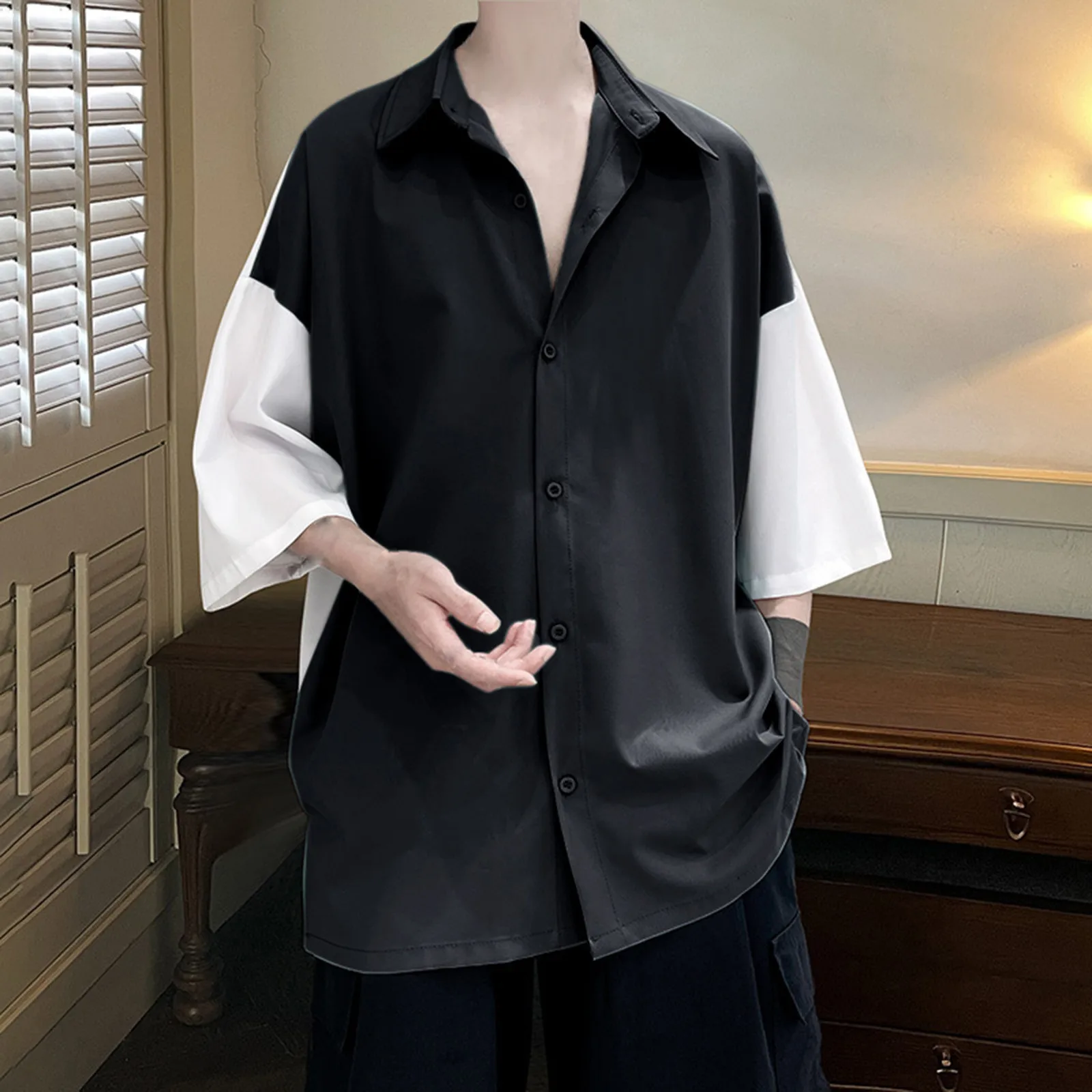 

Short Sleeve Tops Fir Men Mens Summer Shirt Large Size Splicing Color Contrast Cardigan Men Dress Shirt Button down Pajama Shirt