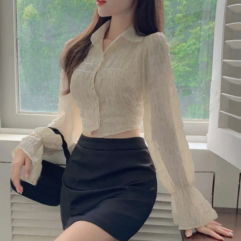 

Женский укороченный топ, блузка на пуговицах с бантом, воротником с лацканами спереди, топы