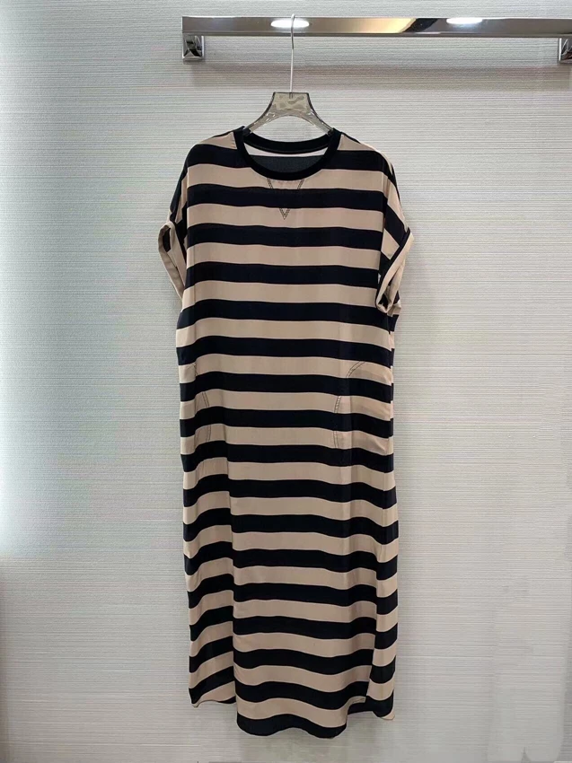 2023 new women fashion short sleeve crew neck line striped straight loose casual long dress dress 0609