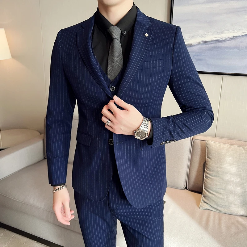 High Quality (Blazer + Vest + Trousers) Men's British Style Business Elegant Fashion Simple Casual Slim Fit Three-piece Suit