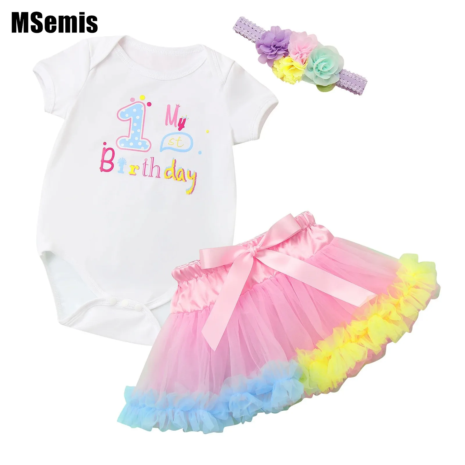 

Baby Girls Cute Letter Birthday Outfit Photography Set Printing Romper with Frilly Tutu Skirt Flower Headband