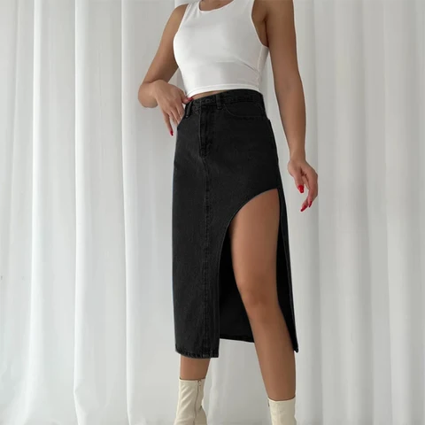2023 New Fashion High Waist Denim Skirt With Slit Solid Color Button Streetwear Casual Women Summer Midi Skirt Black Long Skirts