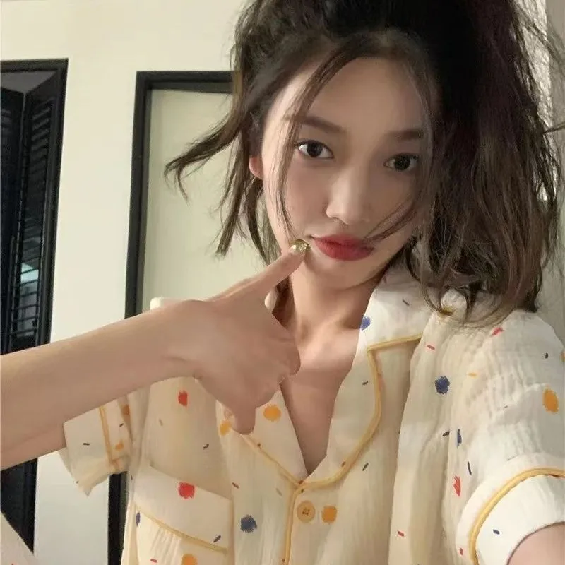 Young La's Summer Thin Pajama Dresses Set Loose Advanced Two Pieces Costume Girl Turn-Down Collar Lovely Half Sleeve Home Wear