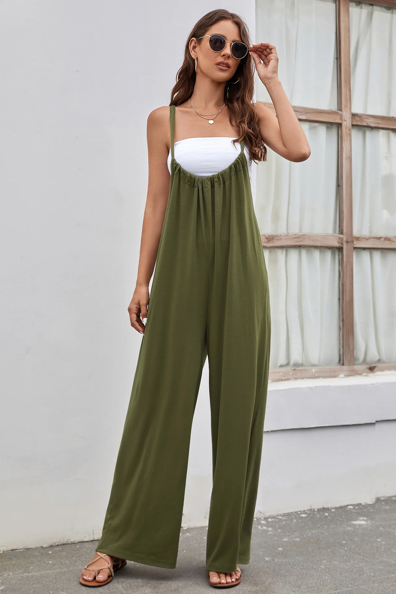 

2023 Women Casual Jumpsuit Solid Wide Leg Sling Suspender Romper Loose Long Playsuit