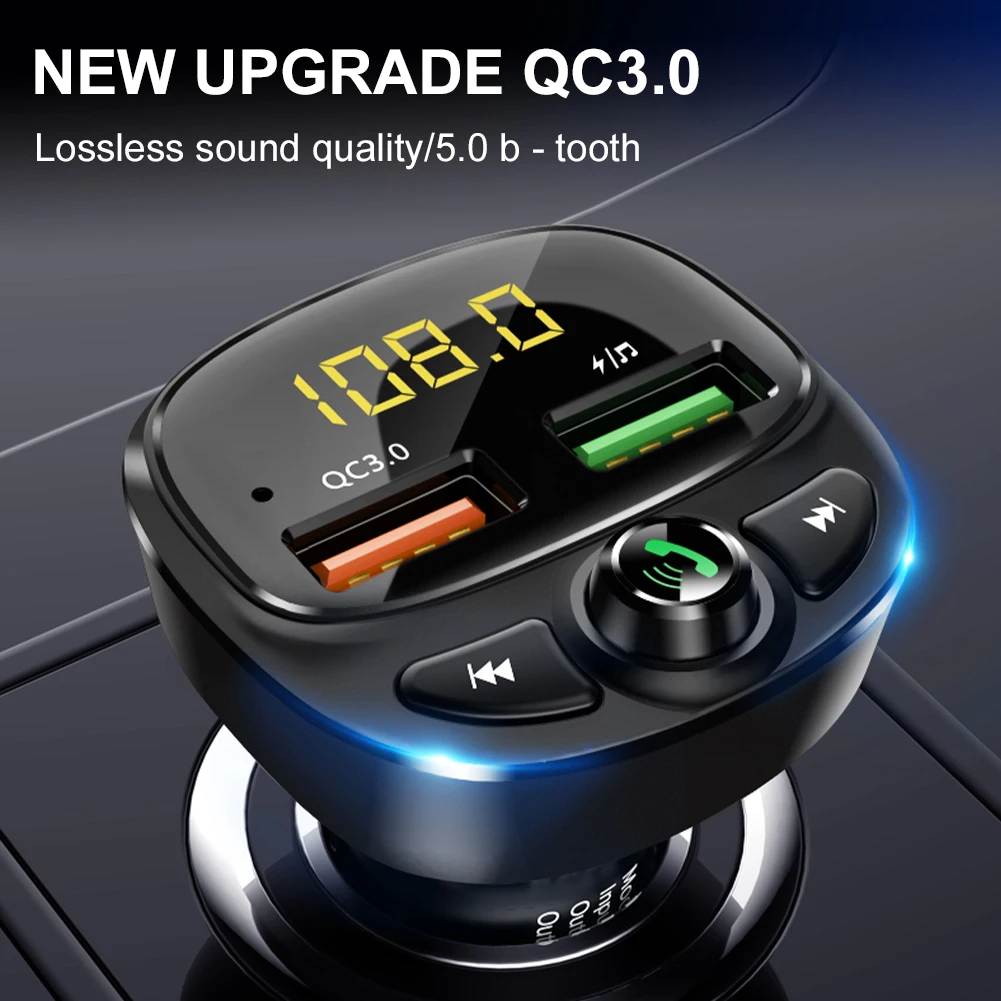 

FM Transmitter Bluetooth 5.0 Handsfree Car Kit Audio MP3 Player Dual USB QC3.0 Fast Charger Auto FM Modulator with Mic USB/TF