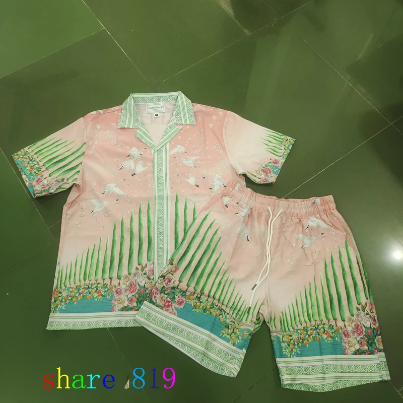 Spotted Dog Fly Bird Print CASABLANCA Short Set Men Women Hip Hop Hawaiian Beach Short Sleeve Shirt Shortpant Suit