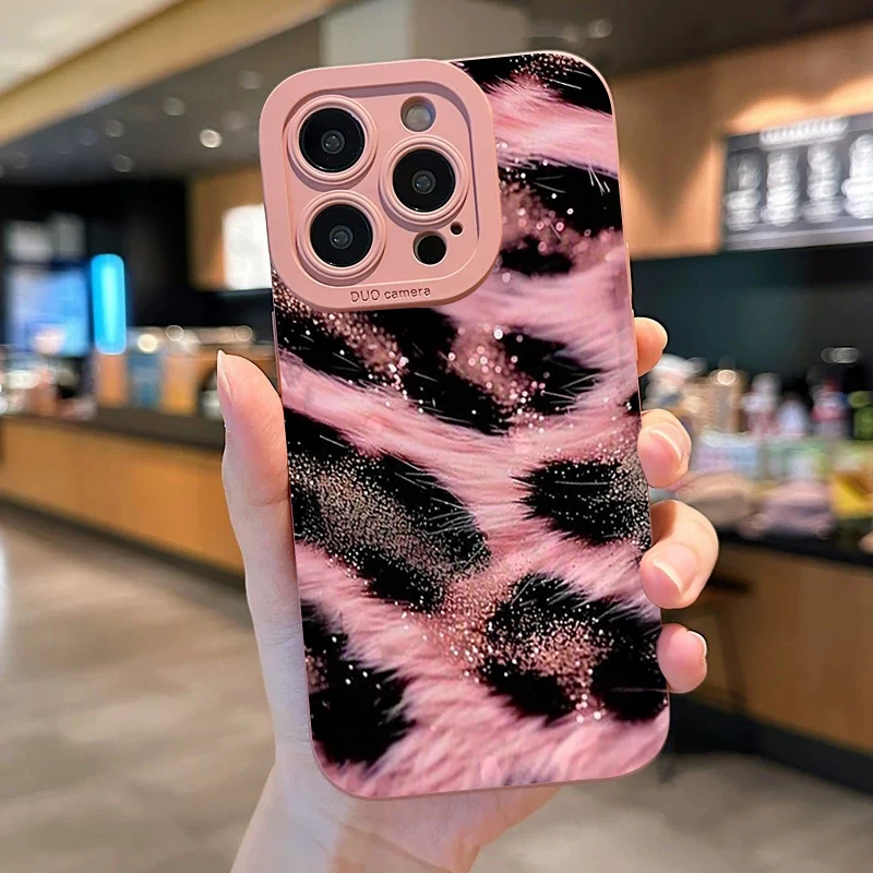 Фото Новый роскошный чехол для телефона с розовым леопардовым принтом для iPhone 14 15 13 12 11 Pro 16 17 Pro Max XS XR 7 8 Plus ShockProof Back Funda Case №1