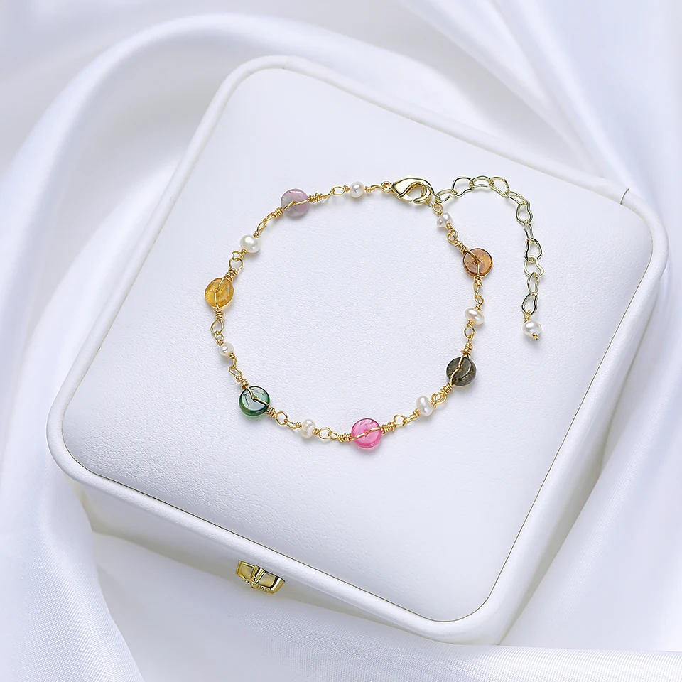 Женский браслет ручной работы из турмалина и пресноводного жемчуга