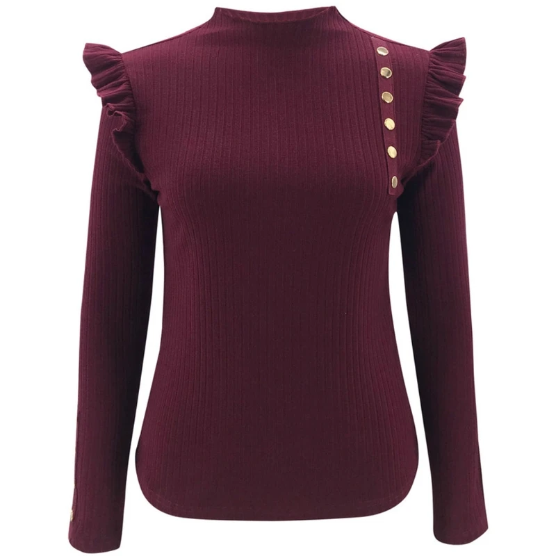 

Women Long Sleeve Turtleneck Sweater Ruffles Patchwork Buttons Pullover Top Solid Color Ribbed Knit Slim Jumper Shirt