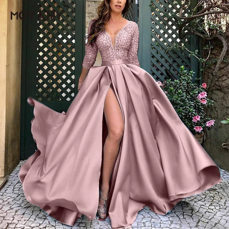 

Skin Pink Sequin Beading Shiny Maxi Dress V-neck Appliques Long Sleeve Evening Dress Elegant Wedding Dress