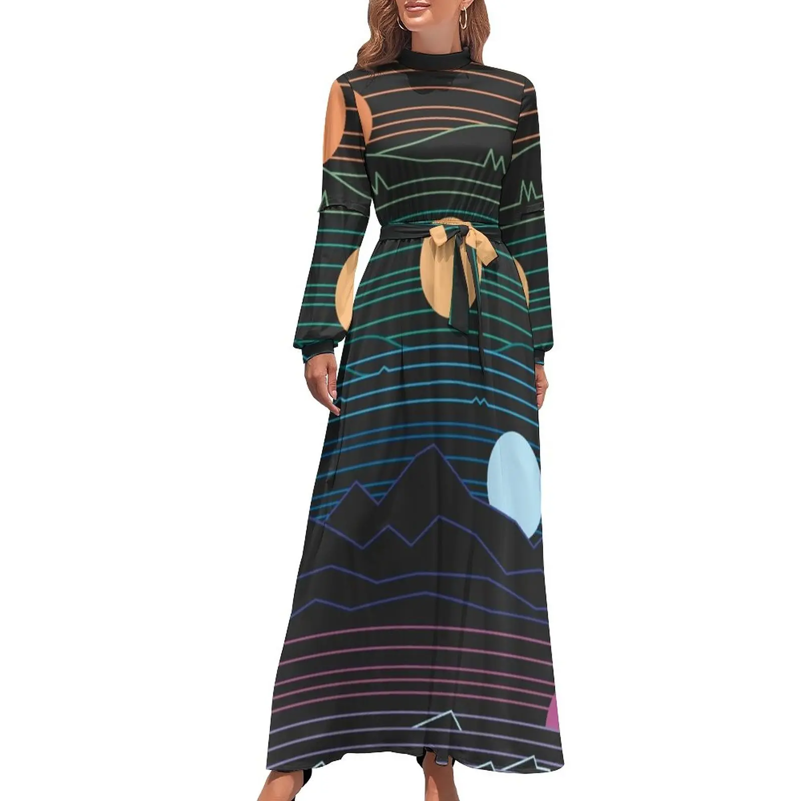 

Cartoon Sun Line Dress Many Lands Print Streetwear Beach Dresses Women Long-Sleeve High Neck Kawaii Long Maxi Dress