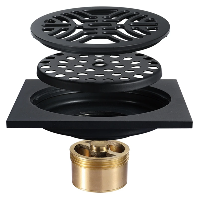 

Black 100X100mm Floor Drain T-Shaped Deodorant Core Copper Deodorant Anti-Reflective Large Flow Bathroom Floor Drain