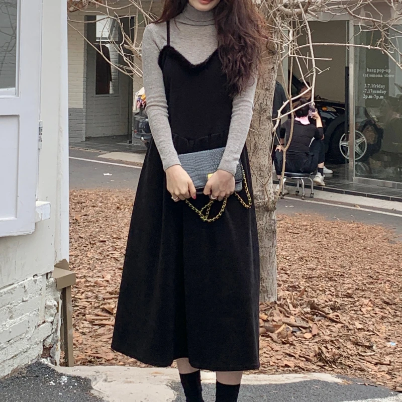 

Two Piece Sets Womens Outifits Vintage Elegant Skinny Autumn Winter Long Sleeve Basic T-Shirts+Spaghetti Strap Mid-Calf Dresses