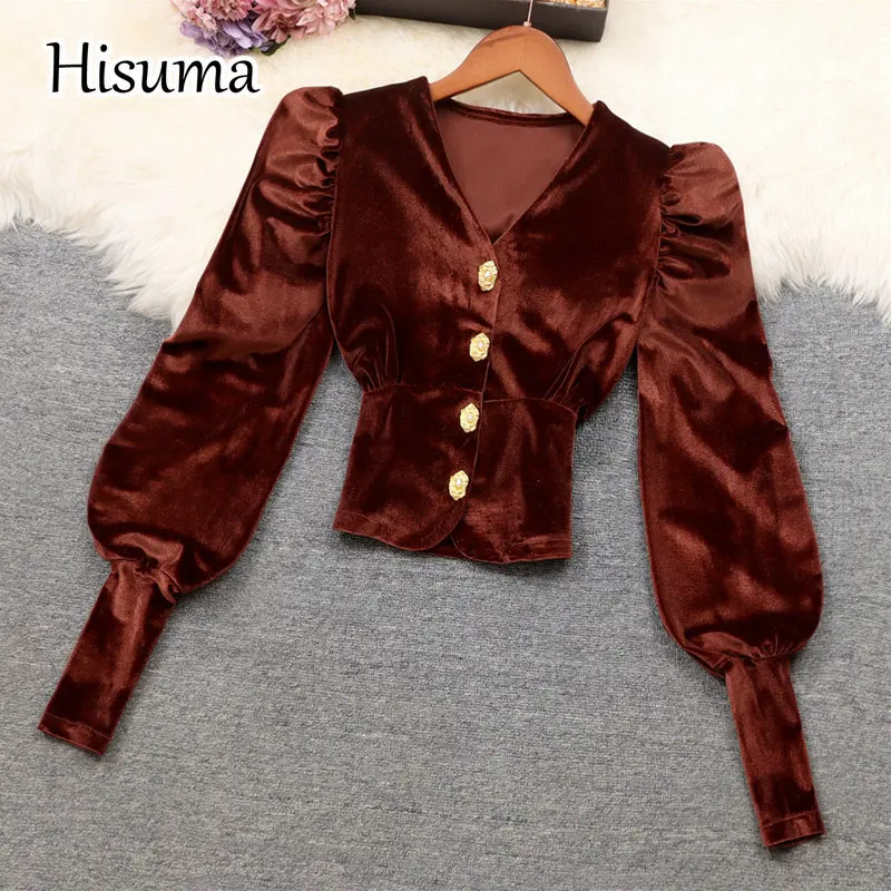 

2022 winter new female V collar puff sleeve single breasted velvet shirts women elegant slim blouses chic shirt
