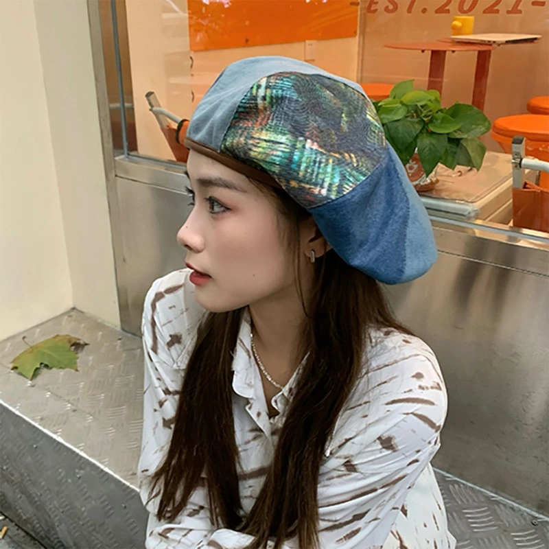 

Retro Painter Hat Octagonal Hat Beanie Hat Denim Stitching Cloud Beret Gift for Xmas New Year Thanksgiving Valentine Day