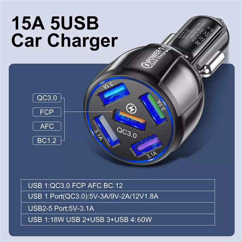 5 Port Fast Charging Car USB Charger For Xiaomi redmi note 10 pro Quick Charge 3.0 15A Charger Mobile Phone Charge in Car