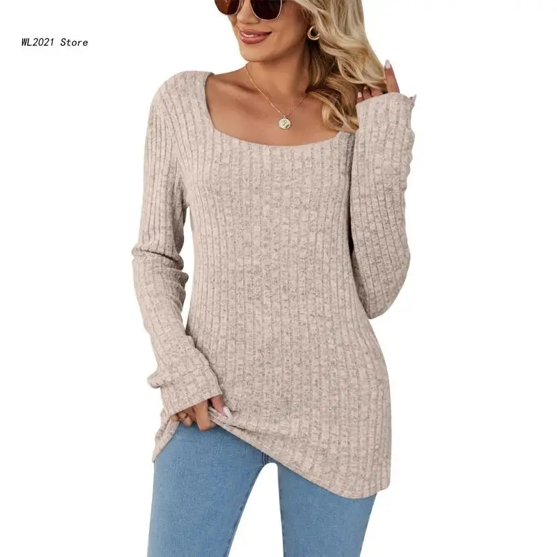 

Women Casual Square Neck Ribbed Knit Sweater Loose Pullover Tops Long Sleeve