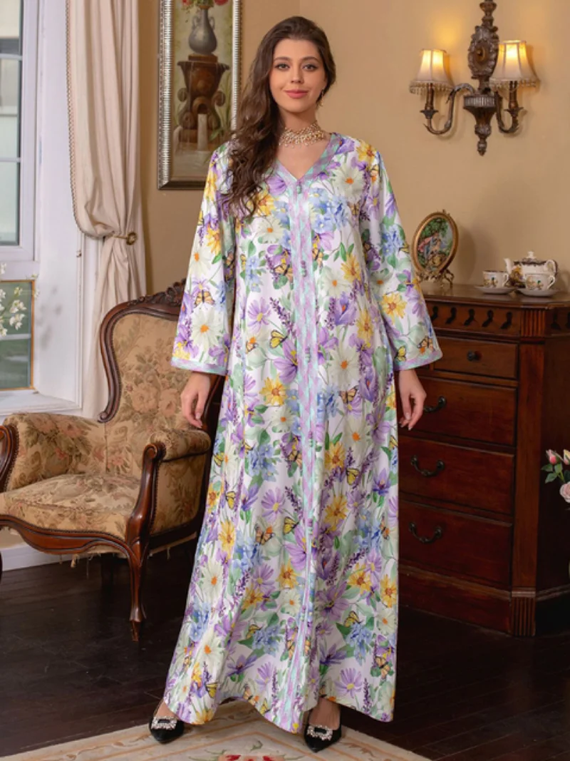 Ethnic Floral Printed Long Dresses Elegant V-Neck Lace Tape Modest Fashion Dress Eid Mubarak Abaya For Woman Free Shipping