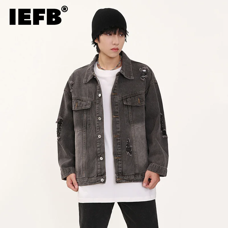 

IEFB Jean Jacket For Men Fashion Hole Burrs Vintage Coat Loose Worn Out Safari Style Denim Outerwear Korean Style Trend 9C1420