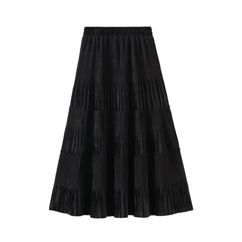 OHRYIYIE Solid Color Vintage Long Velvet Pleated Skirt Women 2023 New Autumn Winter Fashion Lady High Waist A Line Skirt Female
