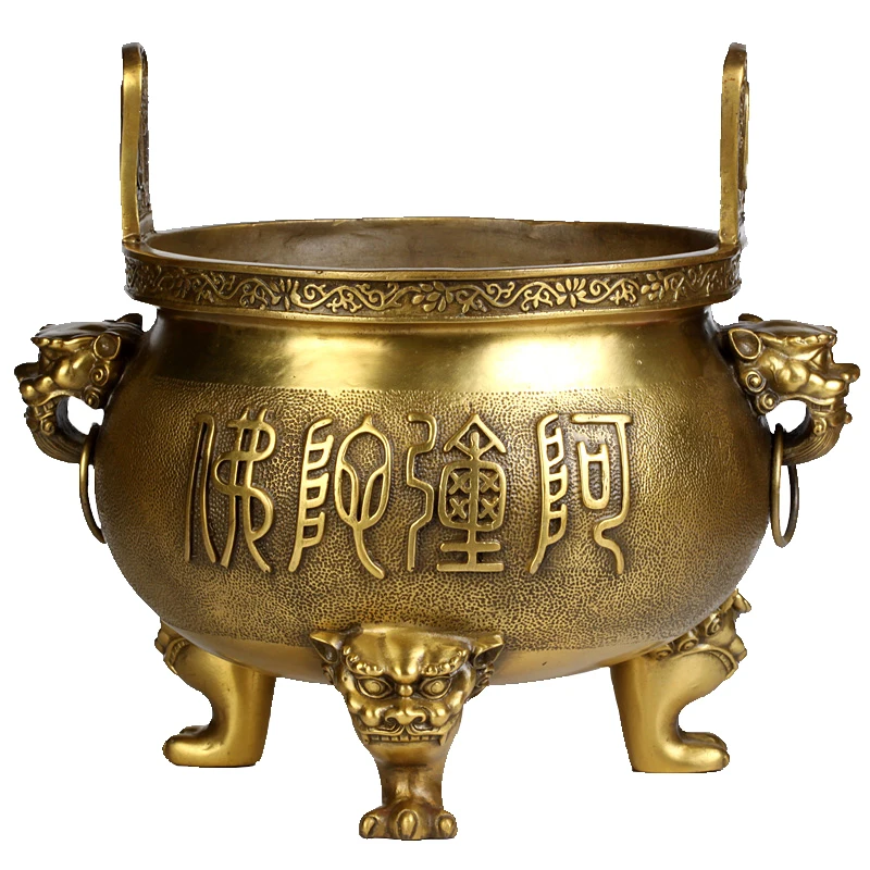 

[Clearance] Brazen Buddha Words Pure Copper Incense Burner Large Three-Legged Tripod Geomancy Decoration Buddha Worship Incense
