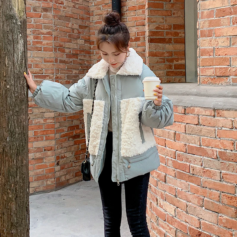Winter Women's Lamb Hair Jackets Fashion Casual Puffer Windbreaker Loose Zipper Patchwork Ladies Warm Thicken Plus Velvet Coats