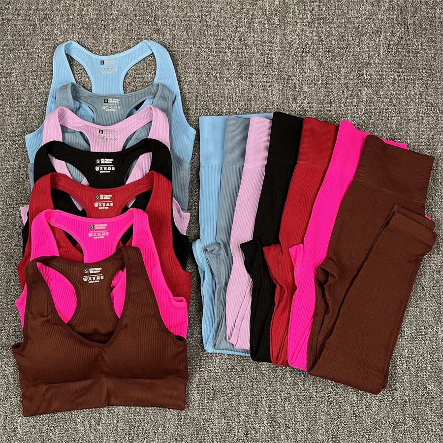 2 Piece Yoga Set Seamless Yoga Leggings Fitness Wear Women Sports Bra Gym Pants Workouts Clothes for Women Ribbed Outfits
