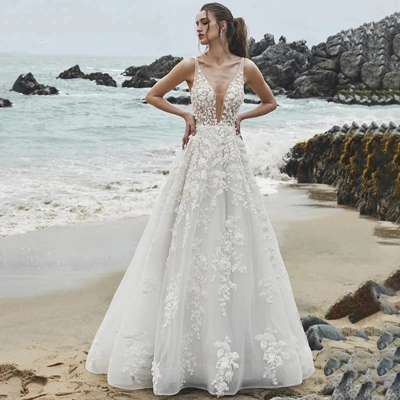 

Sexy Deep V-Neck Tulle Wedding Dress A-Line Beach Lace Applique Backless Bridal Gowns Beading Sleeveless Summer Vestido De Novia
