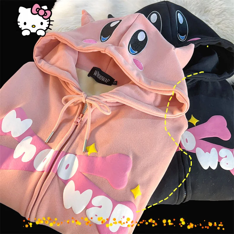 

Kirby Kawaii Jacket Hooded Hoodie All Match Couple Clothes Fleece Thickened Autumn Ins Winter New Loose Zipper Cardigan Jacket