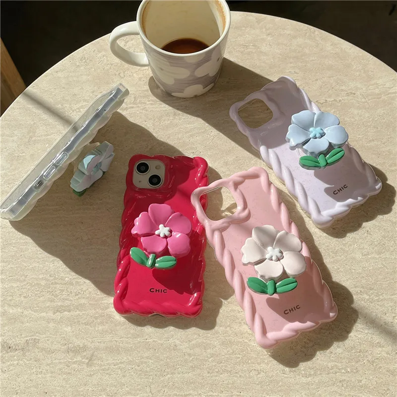 

South Korea Popular ins Cute Floral Phone Case For iphone 14 13 12 Pro Max i11 Candy Color Soft Cover With Holder 3D Flower Girl