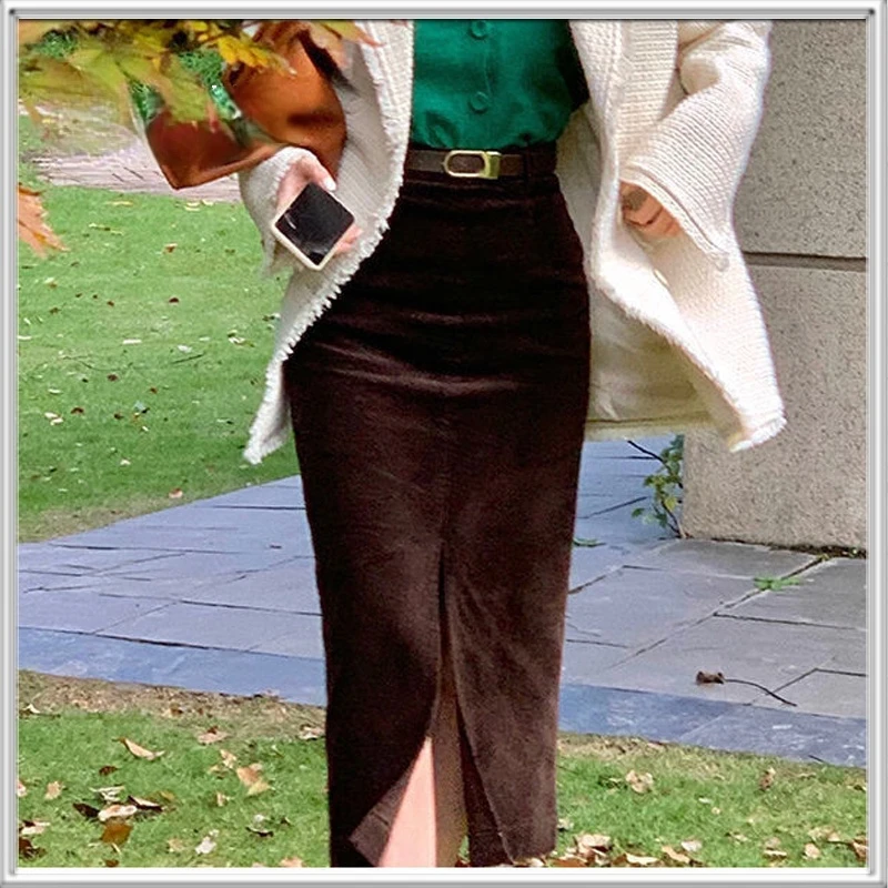 

Вельветовая длинная юбка с разрезом, Повседневная стильная ретро юбка средней длины с высокой талией, модная женская одежда на лето и весну ...