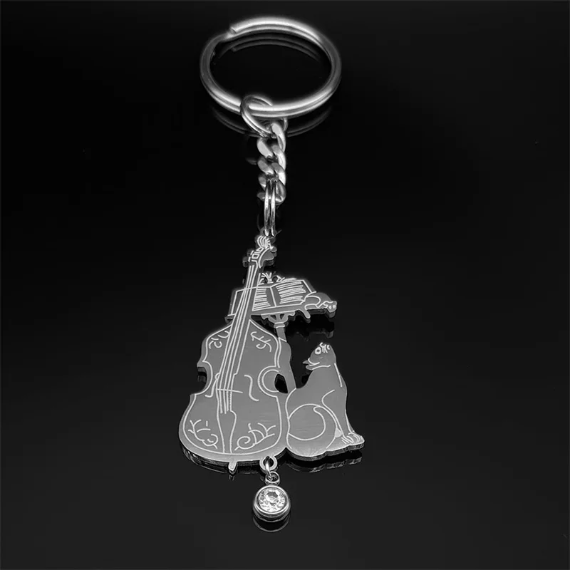 Виолончель со стразами брелок с котом для женщин и мужчин нержавеющая сталь