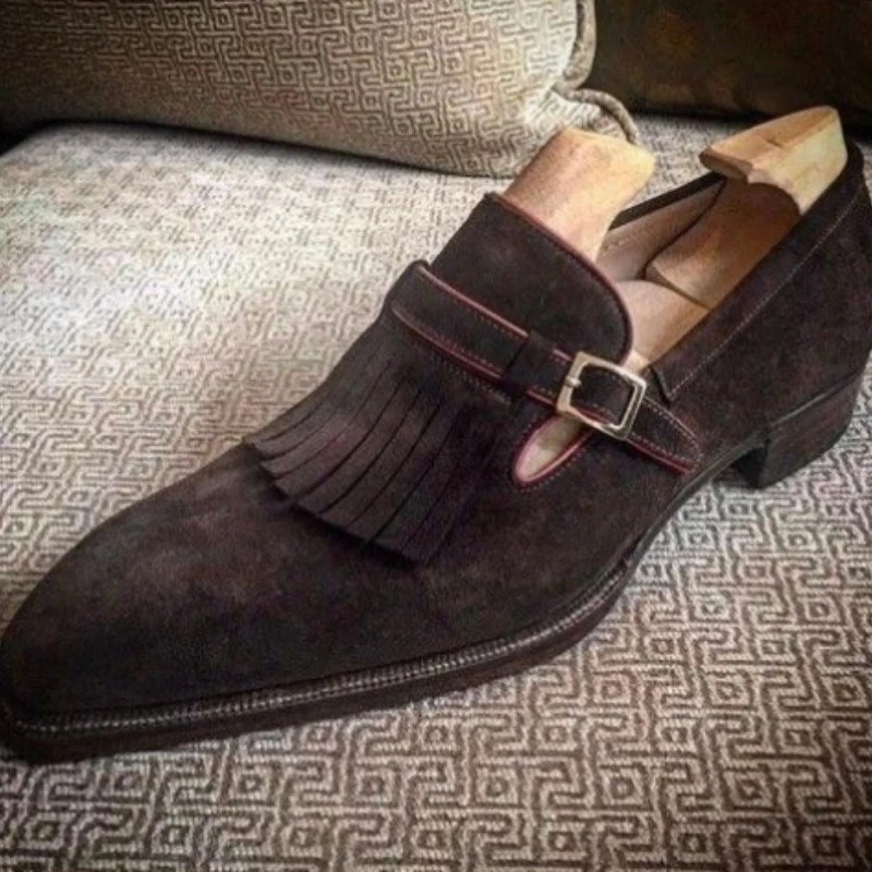 

Туфли мужские на низком каблуке, лоферы, искусственная замша, украшение с бахромой, Нескользящие, однотонные, профессиональные, удобные, фор...