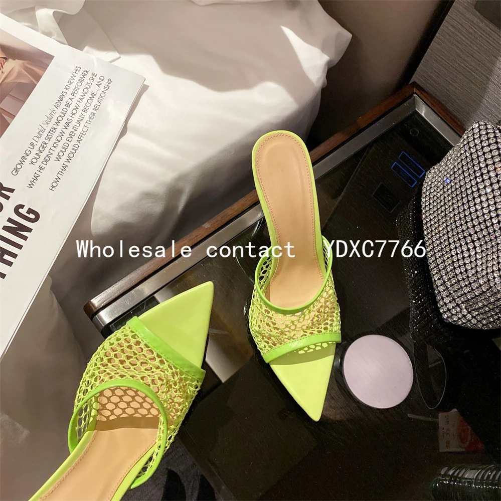 New European and American mesh fish mouth open toe thin heel high heels 2022 summer fashion sexy women wearing sandals slippers