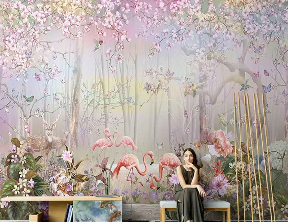 beibehang Nordic hand-painted elk flamingo fantasy forest mural pink wallpaper high-end background wall papel de parede