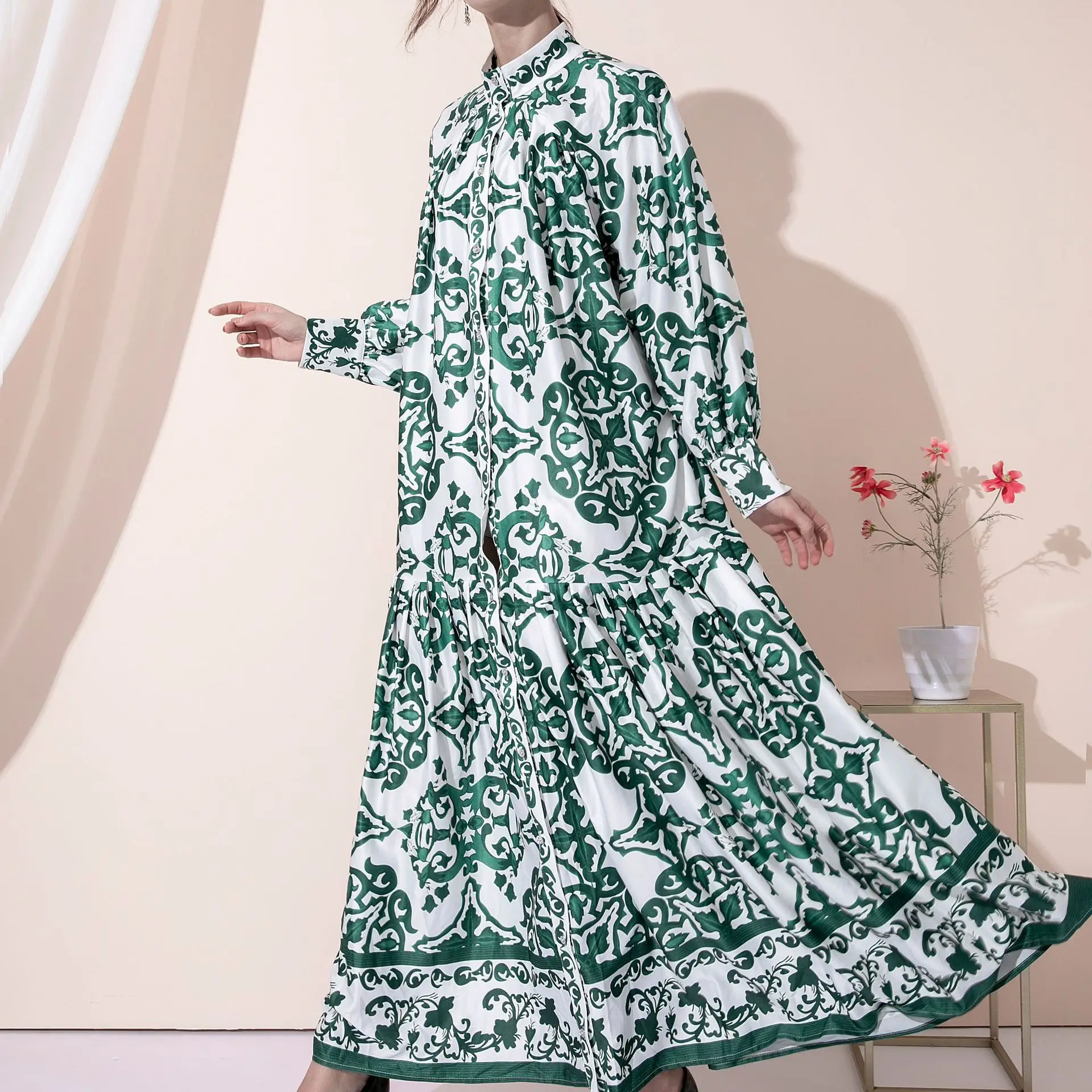 

SuperAen 2022 Autumn Loose Belt Print Pleated Shirt Stand Long Oversized A Line Dress for Women