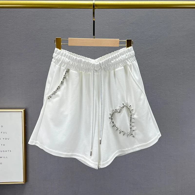 Lightweight Underpants Women's New Summer Lace-up High Waist Loose Slimming Heart Shape Diamond Casual Hot Pants Wide Leg Pants