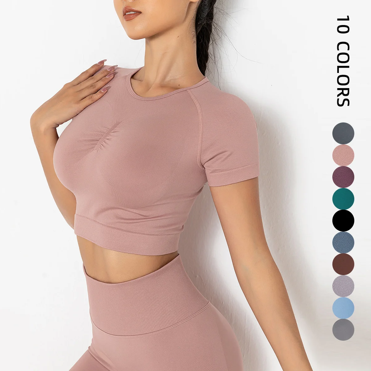

Women T-shirt Seamless Knitting Solid Color Chest Collection T-shirt Sports Running Fitness Yoga Suit Short Sleeve Top Female