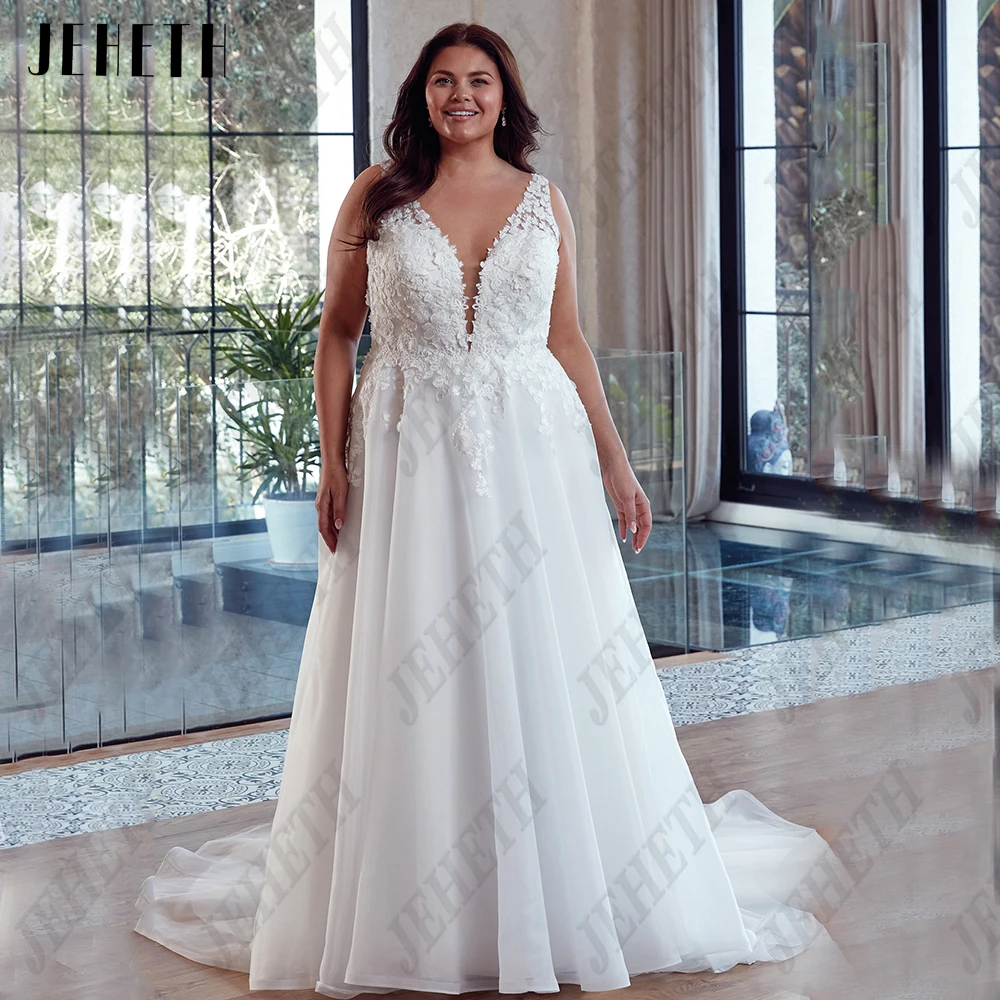 

JEHETH Sexy Backless Wedding Dress A Line Plus Size Sleeveless 2023 V-Neck Bride Gown Exquisite Applique Tulle vestidos de novia