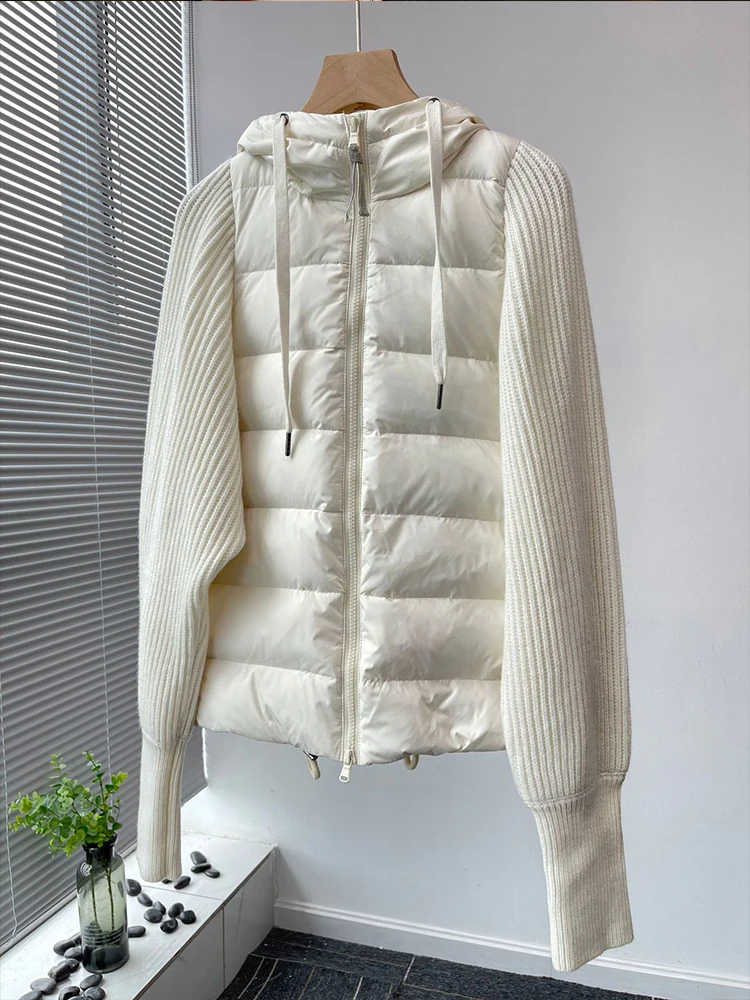FTLZZ Winter Women Hooded Knitting Patchwork Coat Female White Duck Down Coat Casual Lady Ultra Light Puffer Parka Outwear