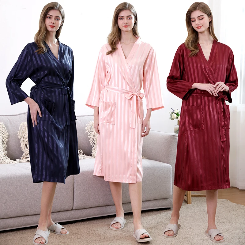 

Women Summer Thin Bathrobe Silk Satin Plus Size Kimono Pijama Striped Sexy Bath Robe Female Nightdress Bride Robes Wedding Robes
