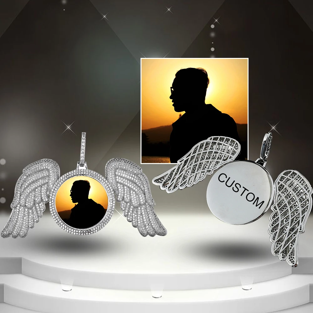 

Хип-хоп сделанное на заказ фото с камнями CZ подвески с крыльями ангела ожерелья золотые Твердые сзади кубический цирконий для мужчин ювелир...