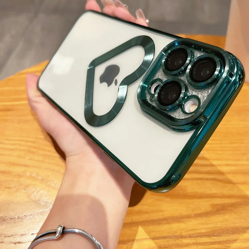 Чехол для телефона iPhone 15 Pro 12 13 14 Pro Max 11 противоударный Прозрачный Тонкий Стеклянный чехол с узором в виде сердца