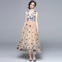 dresses for women 2022 luxury designer mesh dress summer v neck sleeveless butterfly embroidery vintage elegant party long skirt