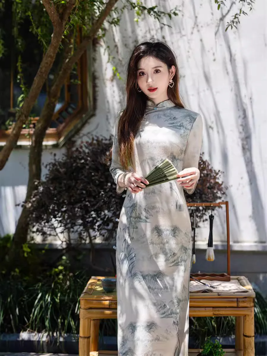 Осень 2024 новый стиль Ципао с восьми пуговицами сбоку художественный рисунком